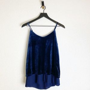 Rose + Olive Navy Velvet Pleat Tank Top Round Scoop Neck Ruffle Spaghetti Strap